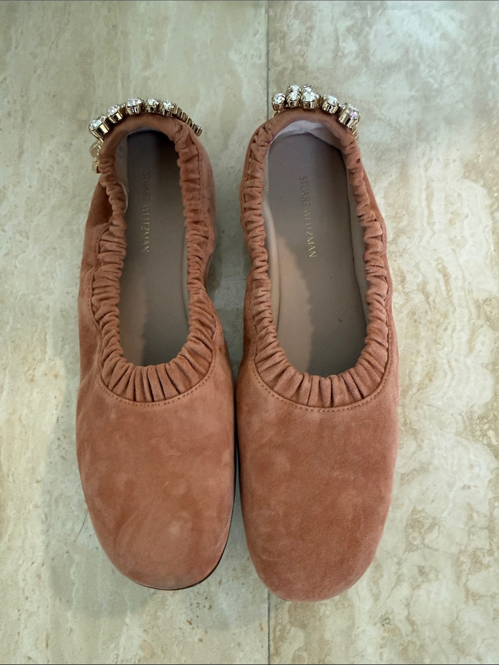 Stuart Weitzman Tan Suede Crystal-Trim Ballet Flats